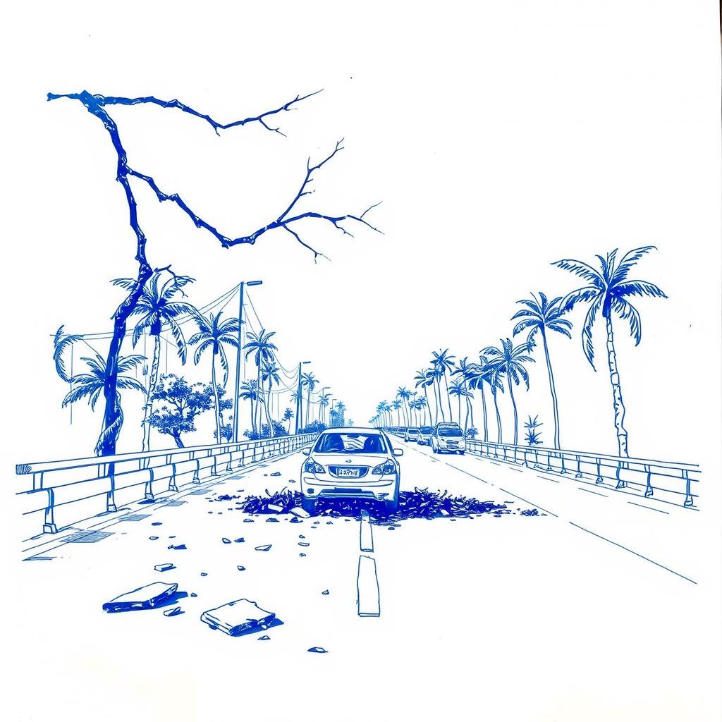 Obstacles sur la voie de droite du pont de la rivière des Pluies en direction de Sainte-Marie