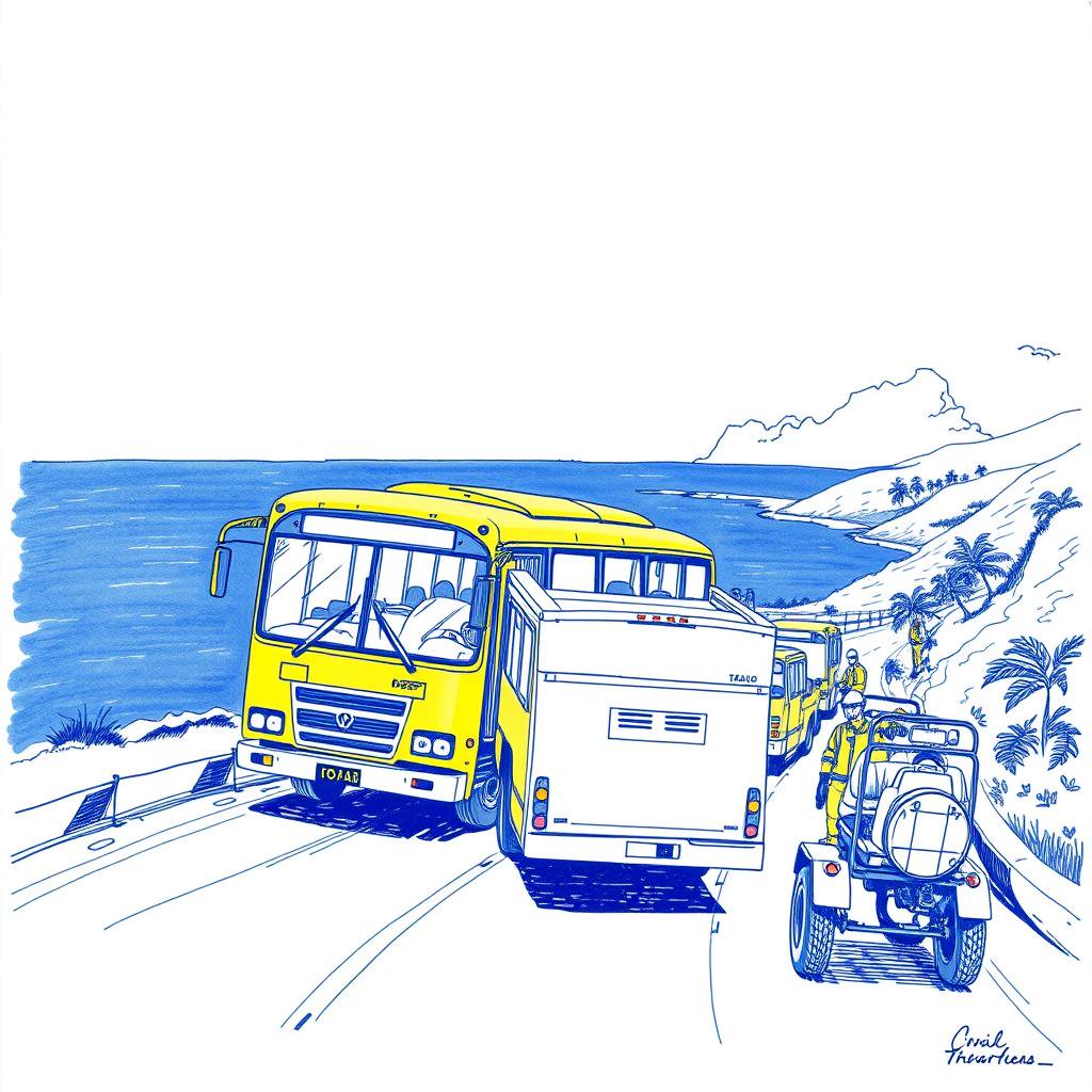 Un car jaune en panne sur l'ancienne route du Littoral perturbe la circulation