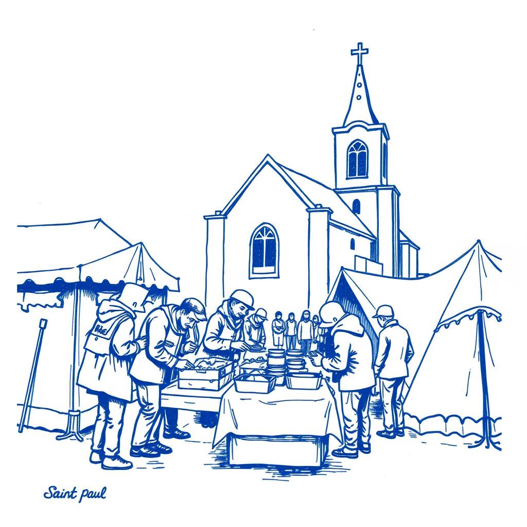 Distribution de repas solidaire devant l'église de Saint-Paul
