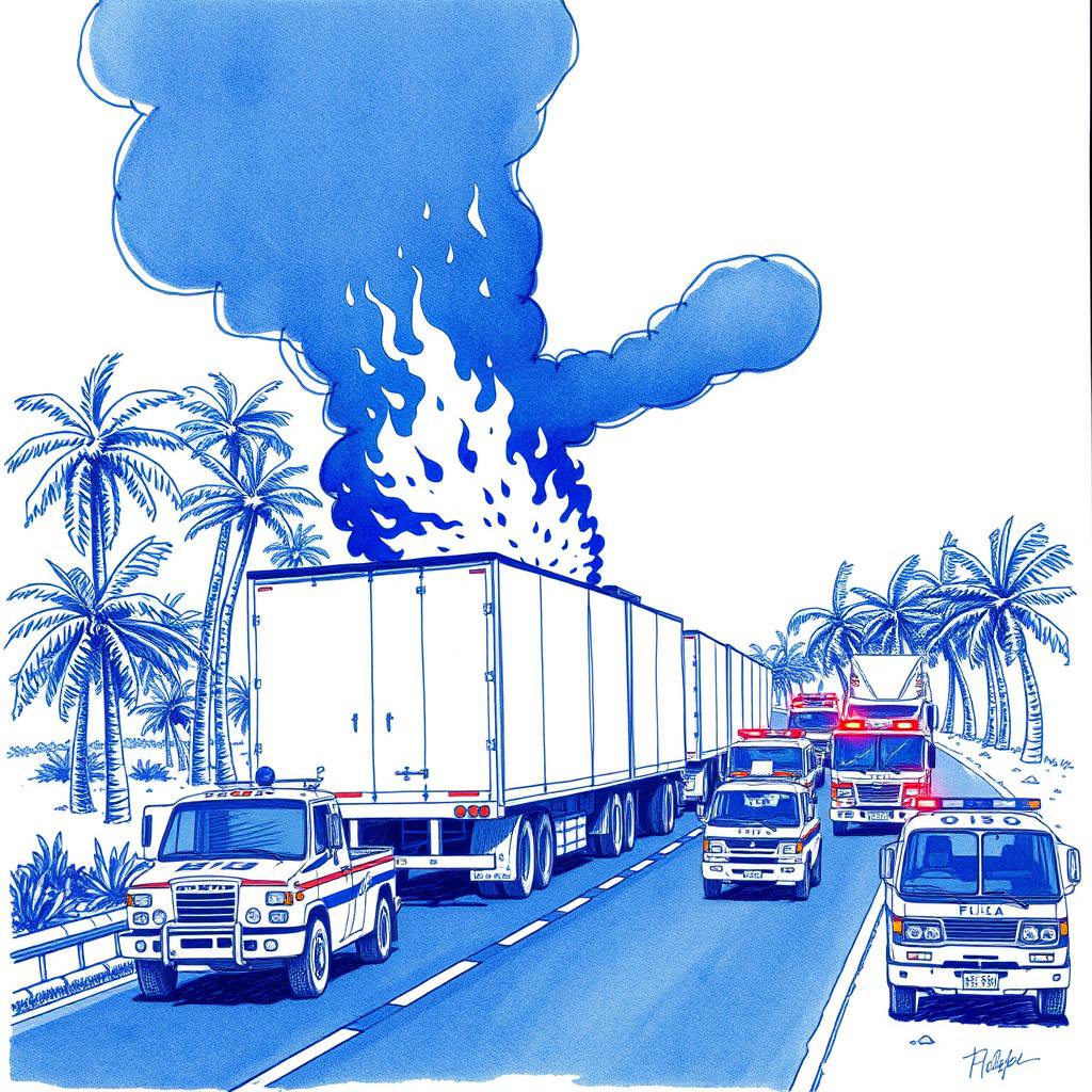 Incendie d'un camion réfrigéré sur la route principale près de la pyramide à La Réunion