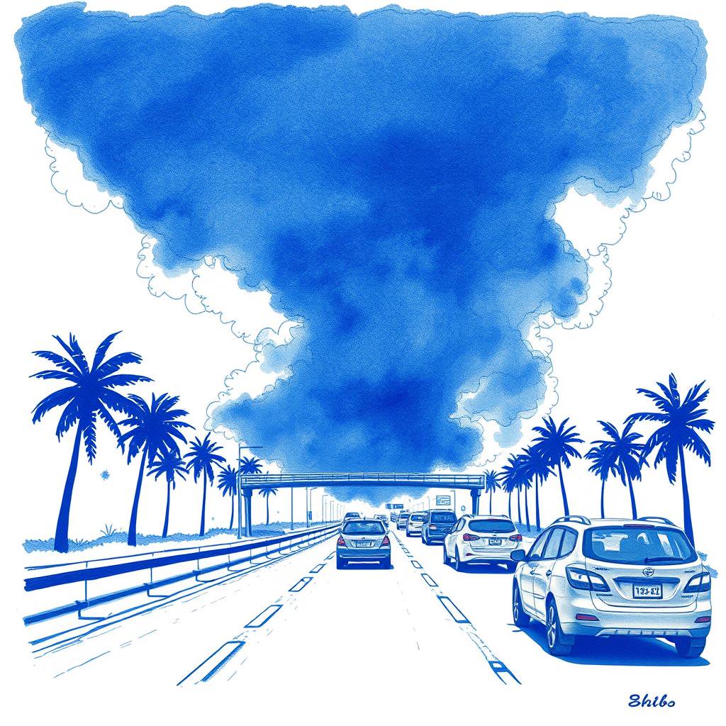 Gros nuage de poussière sur la 4 voies de Sainte-Marie en direction de Saint-Denis